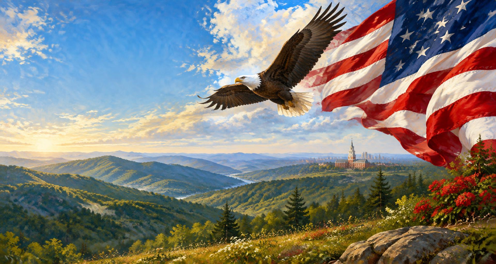 Painted American flag and bald eagle above a sunlit American landscape