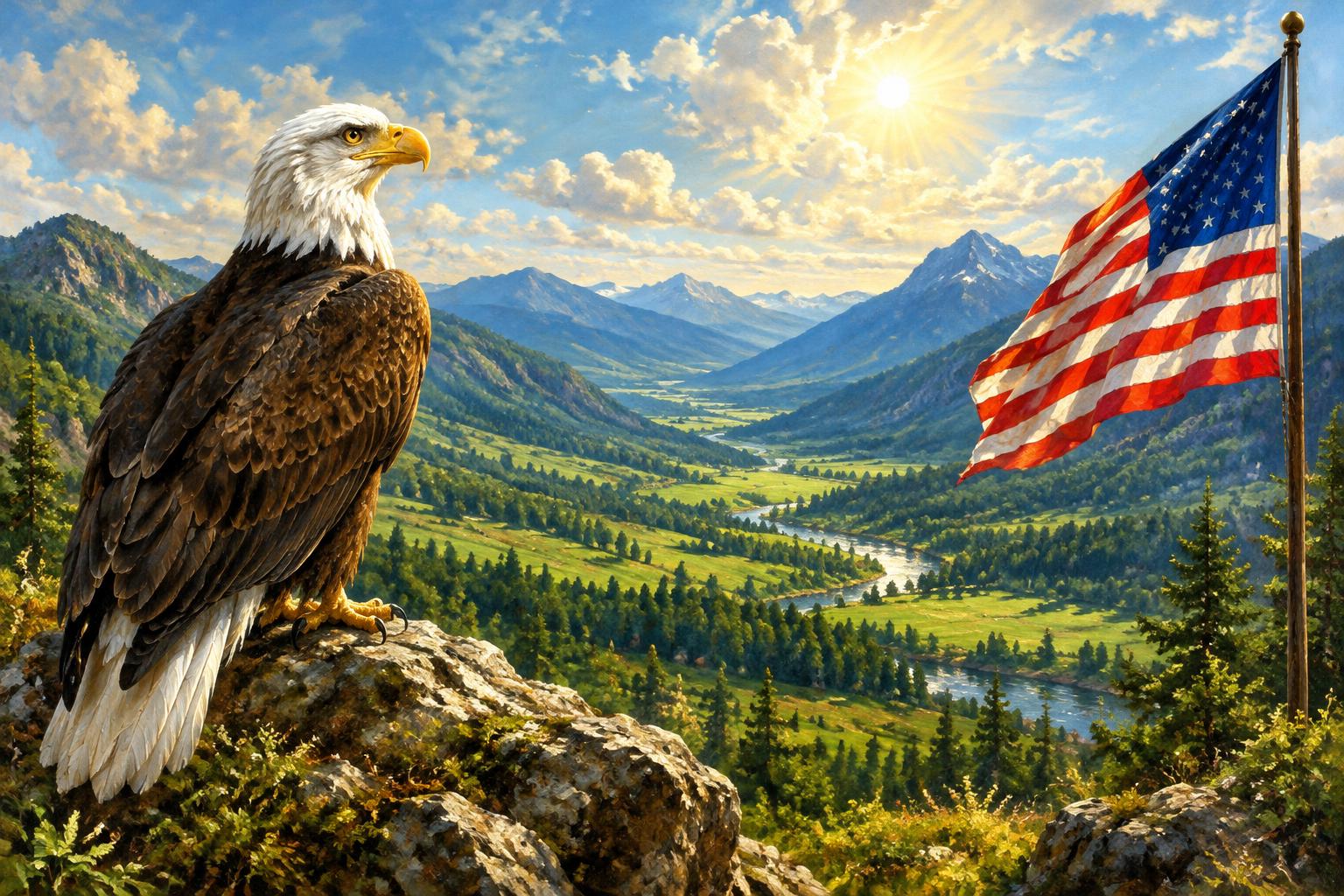 Oil painting of a bald eagle overlooking American mountains