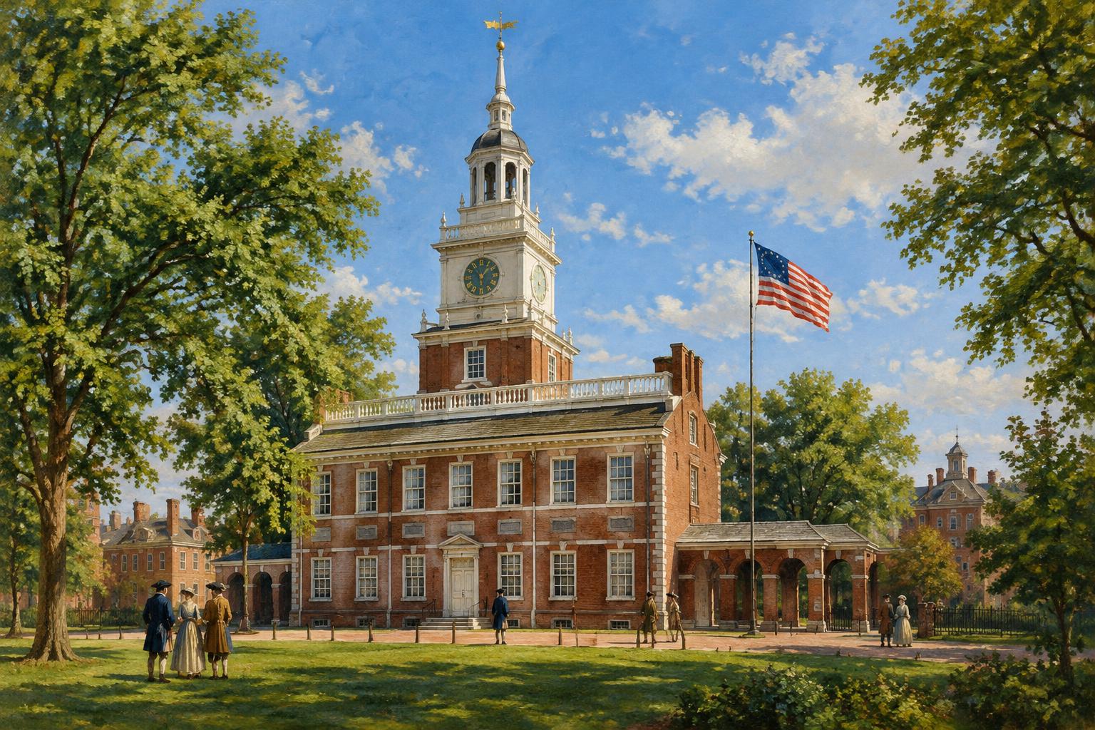 Oil painting of Independence Hall and the American flag